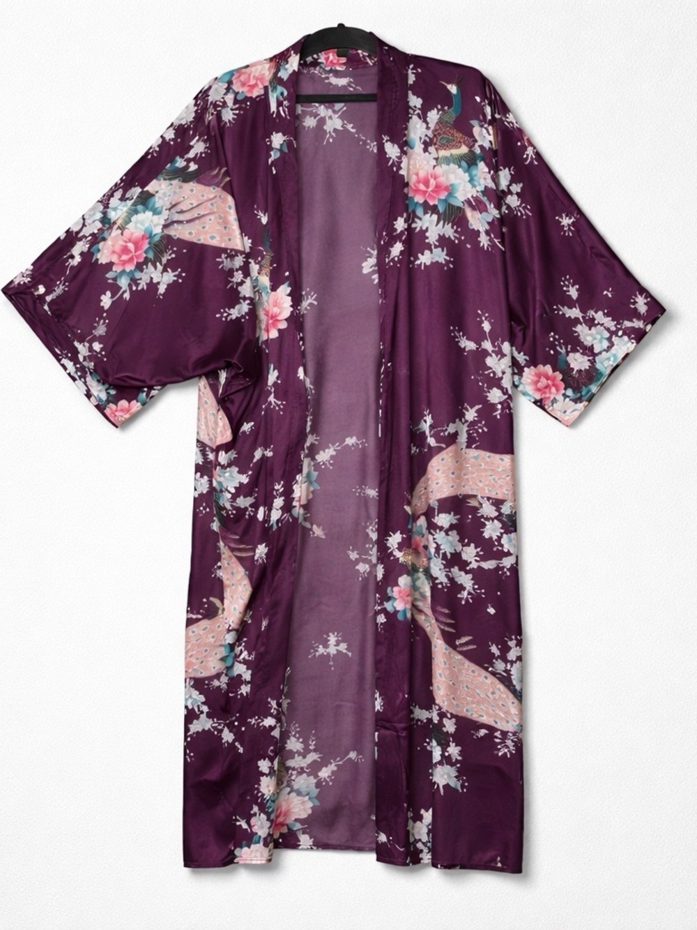 Silky Plum Peacock Floral Kimono Robe